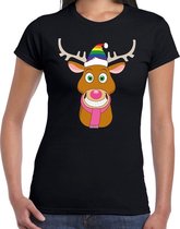 Foute Kerst t-shirt Gay Ruldolf met regenboog muts en roze sjaal zwart voor dames 2XL