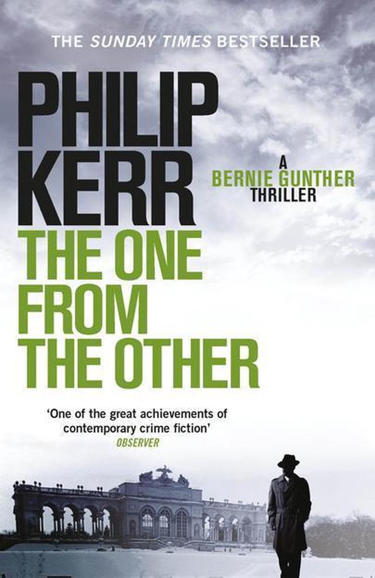 Boekomslag: "The One from the Other" door Philip Kerr. Titel in groen en wit op een achtergrond van wolken en een man in een pak.