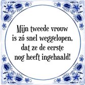 Tegeltje met Spreuk (Tegeltjeswijsheid): Mijn tweede vrouw is z� snel weggelopen, dat ze de eerste nog heeft ingehaald! + Kado verpakking & Plakhanger