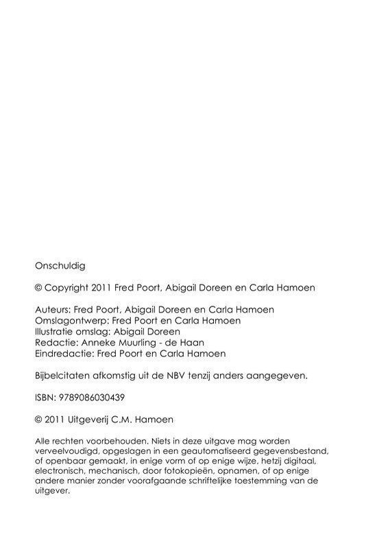 Colofon van het boek 'Onschuldig', met copyright, auteurs en ISBN.