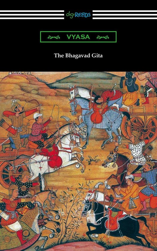 Boek kaft met een gedetailleerde miniatuurafbeelding van een strijdtafereel met ruiters en strijdwagens. Bovenaan de titel 'VYASA' en 'The Bhagavad Gita'.