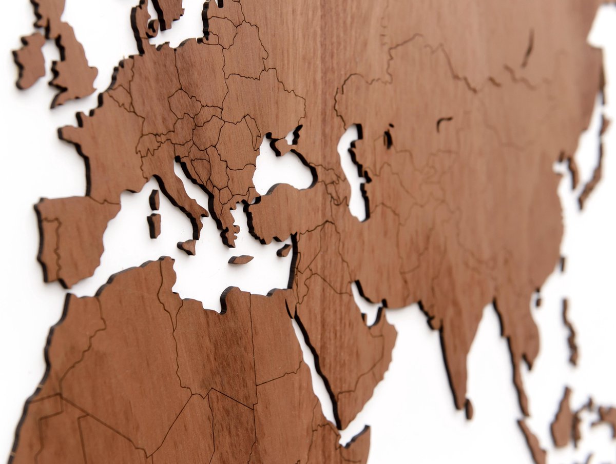 MiMi Innovations® Exclusieve Houten Wereldkaart - Muurdecoratie - Wanddecoratie - Muursticker - 130x78 cm/51.2x30.8 inch - Sapele