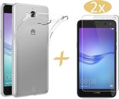 Huawei Y6 (2017) Hoesje Transparant TPU Siliconen Soft Gel Case + 2x Tempered Glass Screenprotector - van iCall