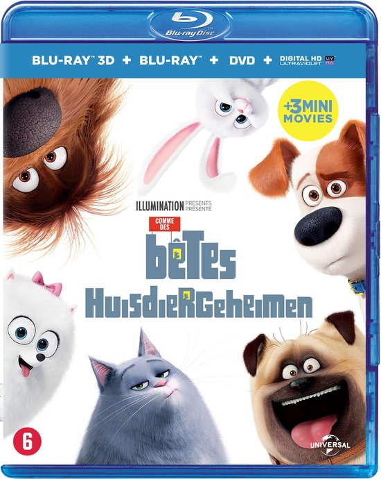 Blu-ray cover 'Huisdiergeheimen' met Max, Gidget, Snowball, Chloe, Mel en Buddy.