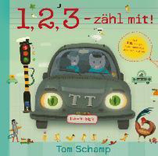 Boek '1, 2, 3 - zähl mit!' met een auto, verkeerslicht en dieren.