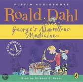 Boekcover van Roald Dahls George's Marvellous Medicine. Een jongen met blond haar mixt een goedje in een grote pot. Puffin Audiobooks.
