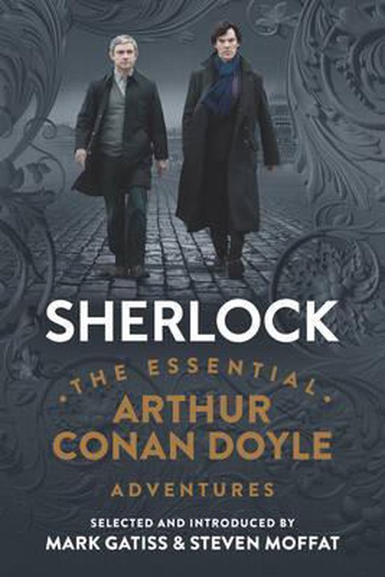 Boekomslag van Sherlock, met Sherlock Holmes en John Watson op een geplaveide straat, in donkere tinten.