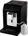 Zwarte Krups volautomatische espressomachine met melkreservoir en de tekst 'Hello 08:10'.