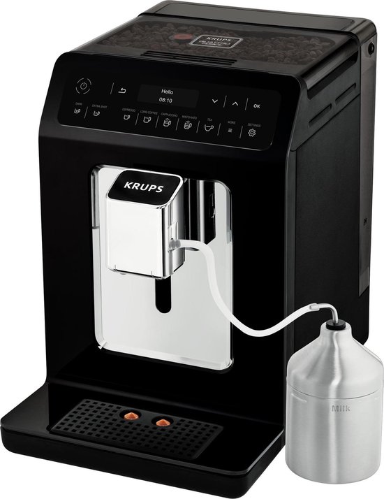 Zwarte Krups volautomatische espressomachine met melkreservoir en de tekst 'Hello 08:10'.