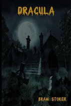 DRACULA door Bram Stoker: Een man rent een trap op in een kerkhof bij volle maan, met grafstenen en crypten. De titel is in gele, druipende letters.