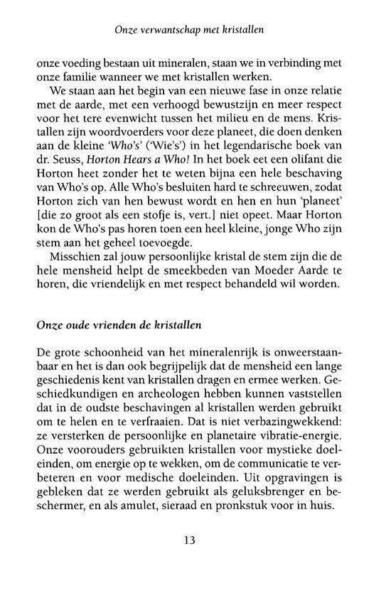 Tekstpagina met titel 'Onze verwantschap met kristallen' en paragrafen over de relatie tussen mens, aarde en kristallen.
