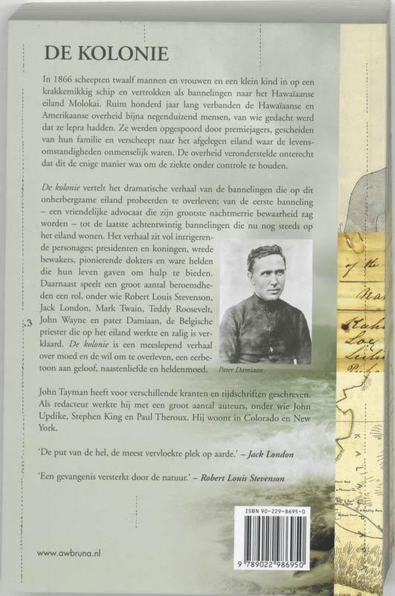 Achterkant van boek 'De Kolonie' met een portret van Pater Damiaan en tekst.