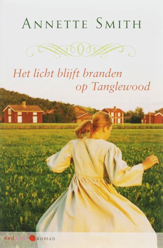 Boekcover met op de voorgrond een meisje in een lichte jurk, rennend door een groen veld. Op de achtergrond rode huizen.
