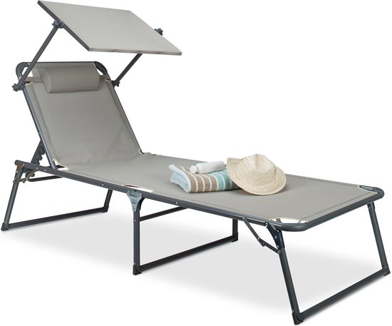 bol.com | relaxdays ligbed met zonnescherm, ligstoel met zonnedak, dak,  relaxstoel, liggen beige