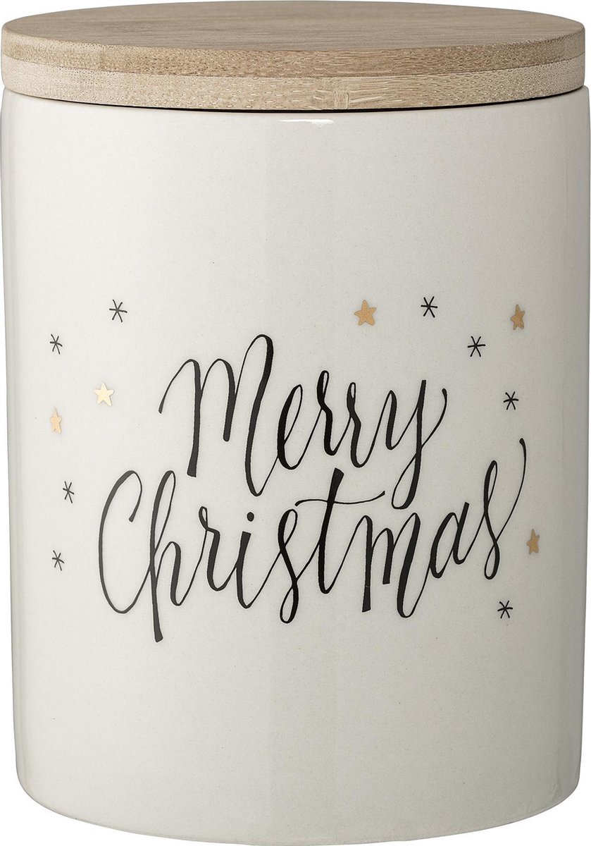 Bloomingville - Voorraadpot Kerst met deksel - Stoneware/Hout - Wit - D10xH12,5 cm