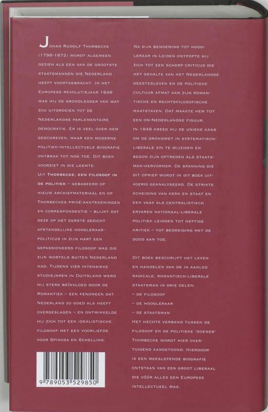 Achterkant van een boek met tekst over Johan Rudolph Thorbecke, met een ISBN-barcode.