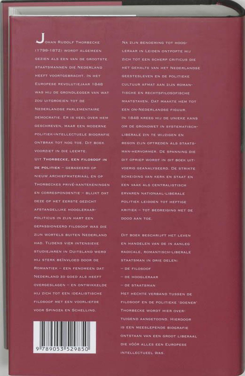 Achterkant van een boek met tekst over Johan Rudolph Thorbecke, met een ISBN-barcode.
