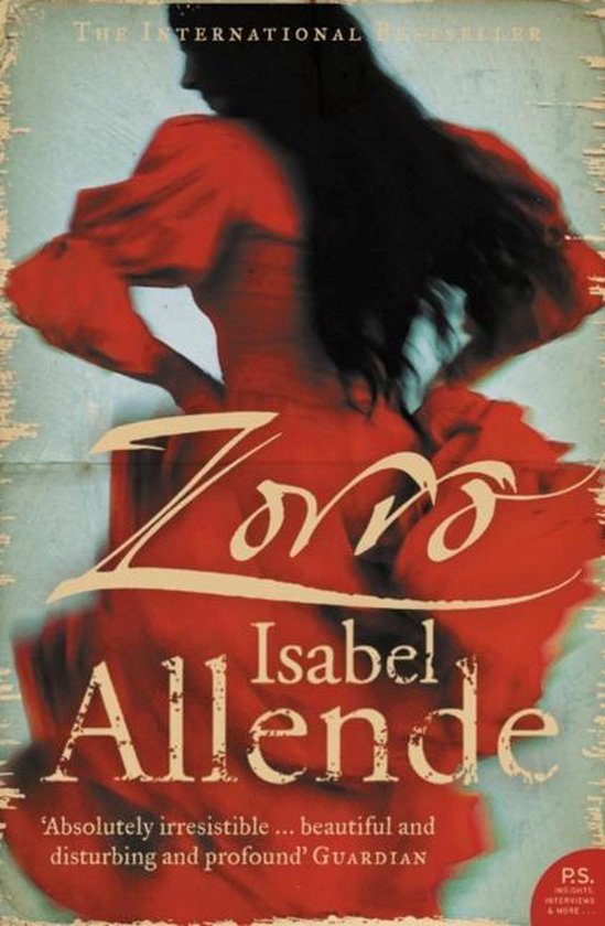 Boekomslag "Zorro" van Isabel Allende met silhouet van vrouw in rode jurk.