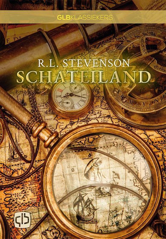 Couverture du livre 'L'Île au trésor' avec une carte du monde, une boussole, une montre de poche et une loupe.