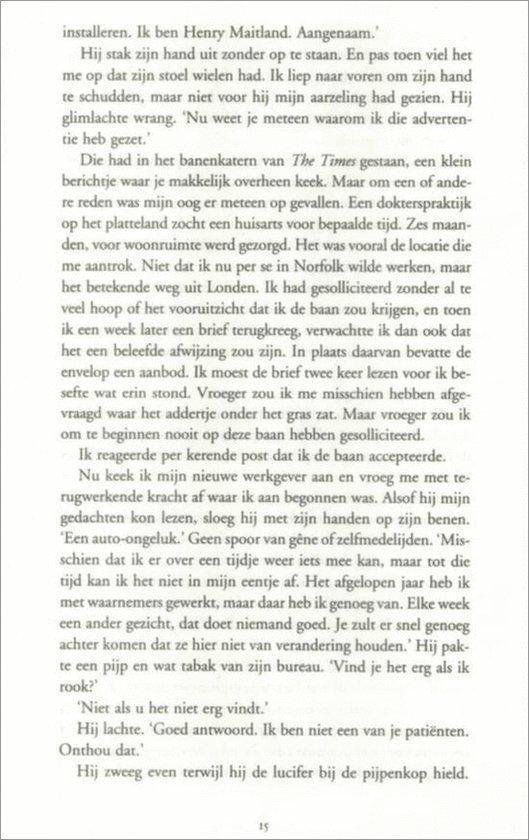 Pagina uit een boek met Nederlandse tekst, beginnend met 'installeren. Ik ben Henry Maitland. Aangenaam.'