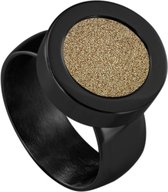 Quiges RVS Schroefsysteem Ring Zwart Glans 20mm met Verwisselbare Glitter Goudkleurig 12mm Mini Munt