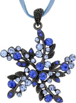 Blauwe ketting van leer met stenen bloem hanger