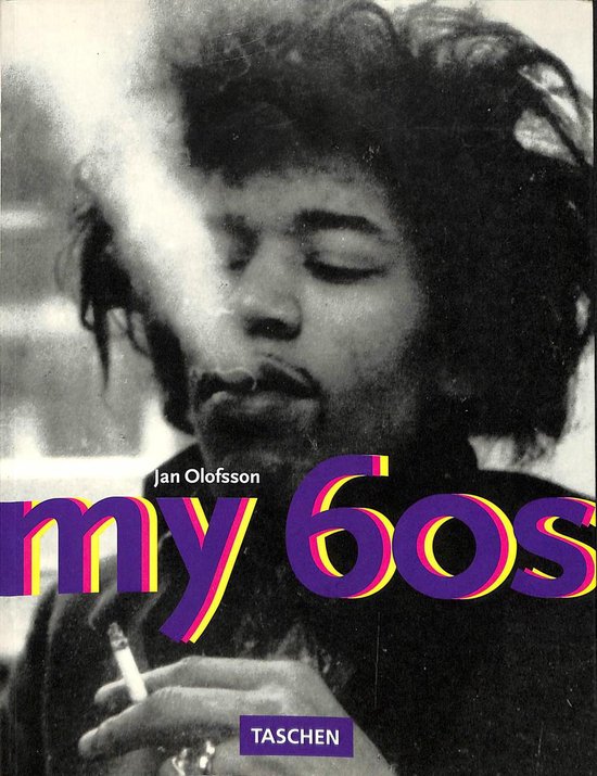 Boekomslag met Jan Olofsson, 'my 60s', Jimi Hendrix rookt.