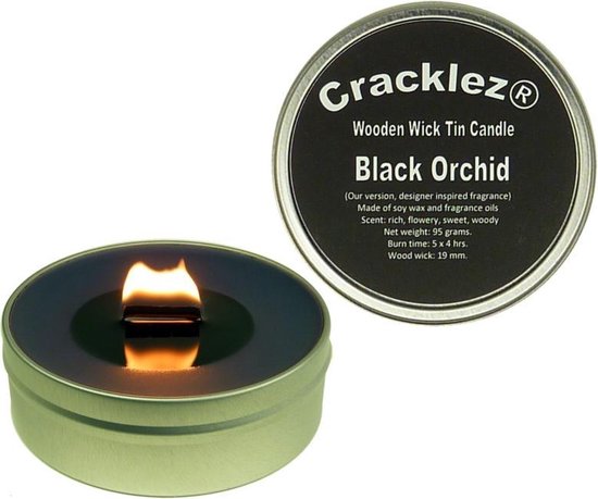 Cracklez® Knetterende Houten Lont Geur Kaars in blik Black Orchid. Designer Parfum Geinspireerd. Zwart.