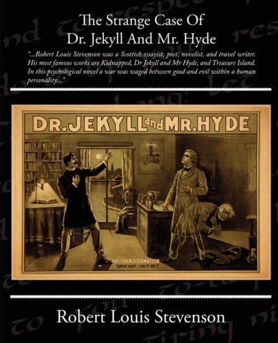 Boekomslag van "The Strange Case Of Dr. Jekyll And Mr. Hyde" door Robert Louis Stevenson. Twee mannen staan tegenover elkaar in een kamer, een lamp verlicht de scène.