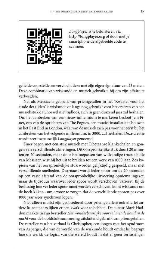 Pagina 17 met een QR-code en informatie over Longplayer, muziek en wiskunde.