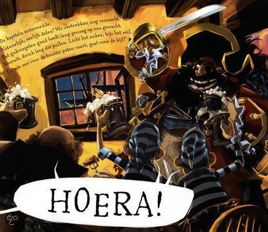 Piraten in een taverne vieren feest met bier en zwaardgevechten. Een kapitein met een baard en ooglapje roept "HOERA!".