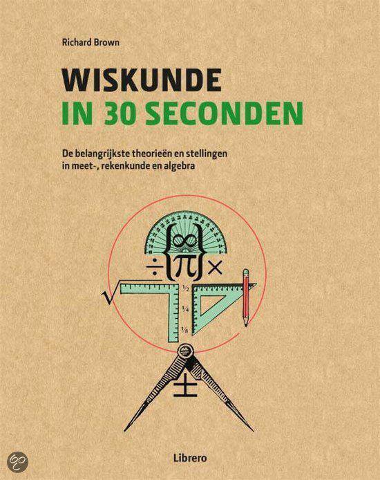 Boek "Wiskunde in 30 seconden" met een illustratie van wiskundige instrumenten en symbolen.