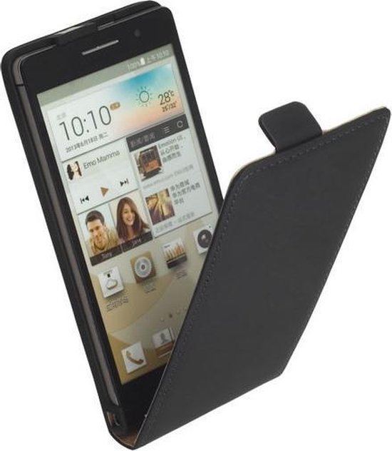 LELYCASE Lederen Flip Case Cover Hoesje Huawei Ascend P6 Zwart