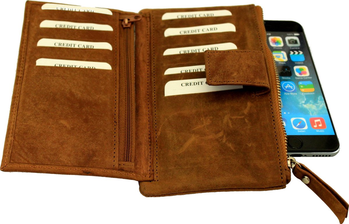 Leren Dames Portemonnee in Bruin met heel veel vakjes voor creditcards .  Art. 1109A | bol.com