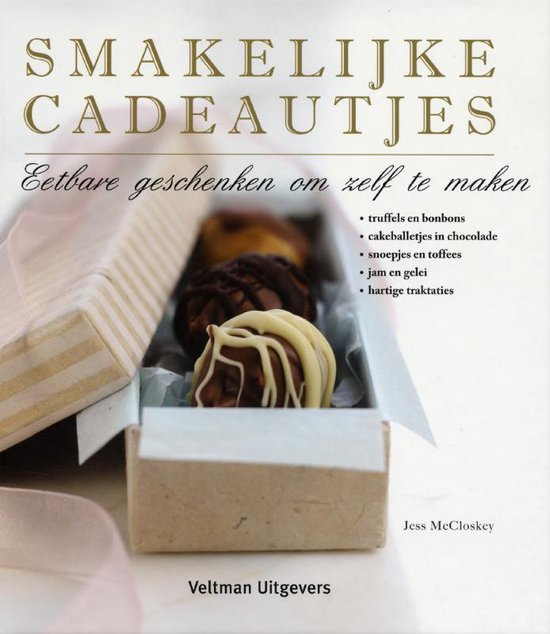 Boekomslag met titel 'Smakelijke cadeautjes' en een close-up van chocolade lekkernijen.
