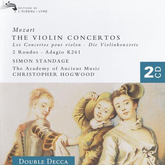 Cd-hoes met schilderij van drie kinderen, met tekst: Mozart THE VIOLIN CONCERTOS SIMON STANDAGE Christopher Hogwood DOUBLE DECCA 2 CD