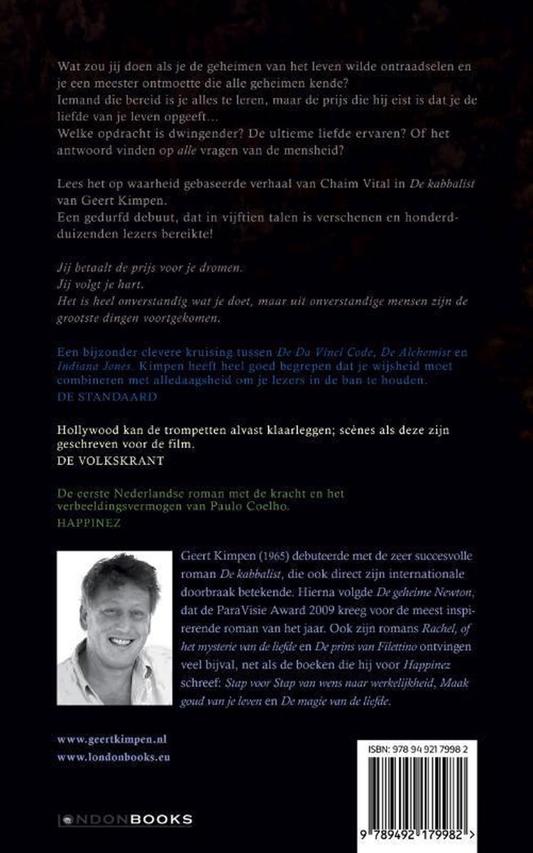 Boekomslag met portret van Geert Kimpen, auteur van De kabbalist. Inclusief ISBN en websites.