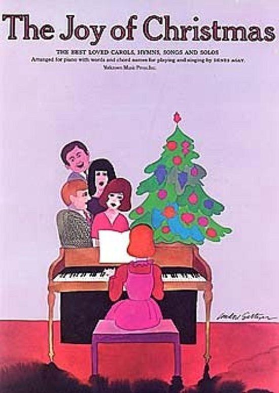 Partition "The Joy of Christmas" avec une illustration d'une famille assise autour d'un piano, une fille jouant et un sapin de Noël décoré en arrière-plan.