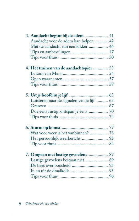 Tekstpagina met inhoudsopgave van "Stilzitten als een kikker".