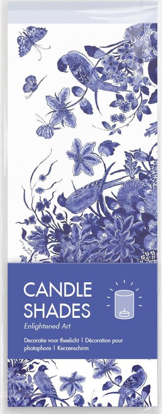 Verpakking met kaarshouders met Delfts blauw patroon van vogels en bloemen.