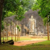 Tuinposter| Buddha Beeld In Een Rots 100cm X 100cm– Tuinposter Voor Buiten / Buitencanvas/ Spandoek / Tuinschilderij (tuindecoratie) + Ringen Om De 50cm