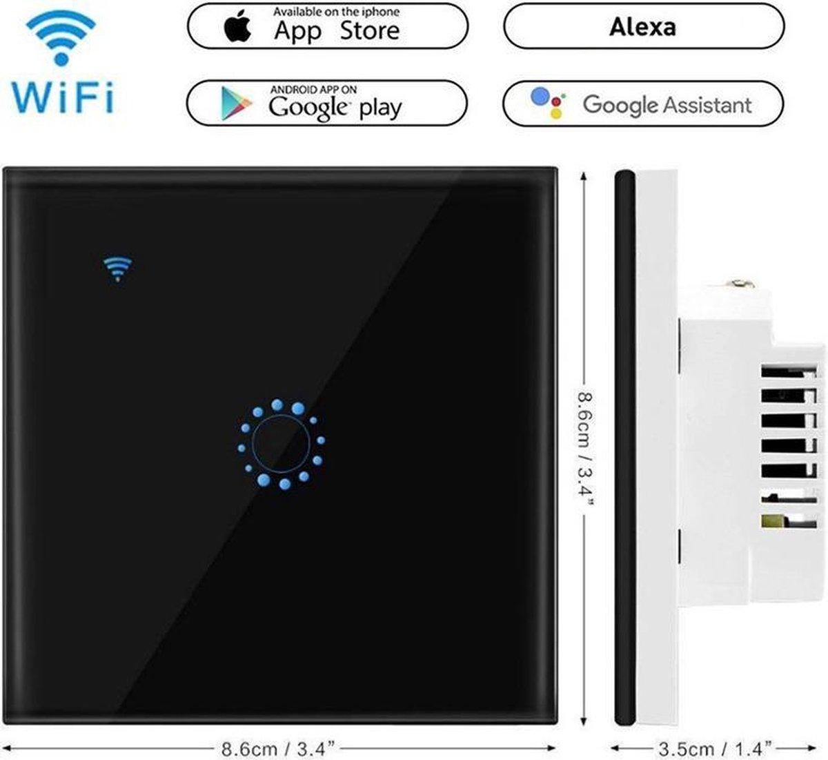 Slimme Inbouw Schakelaar - Wi-Fi en Touch Sensor - 1 Kanaal - Zwart Gehard Kristalglas - Smarthome light switch - Verbinding met telefoon via verschillende Apps