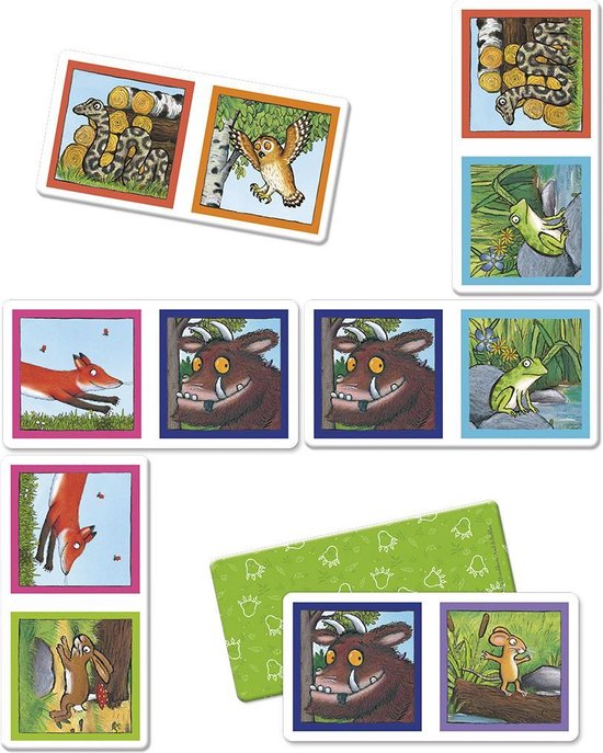 Gruffalo domino kaarten met de Gruffalo, muis, vos, uil, slangen en kikkers.