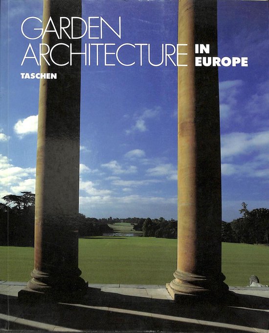 Boek 'Garden Architecture in Europe' met grote zuilen en uitzicht op een groen landschap onder een blauwe lucht.
