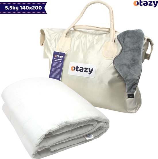 Otazy Verzwaringsdeken voor kinderen 5,5 kg - 140 x 200 cm - Ecru - Organisch Katoen - Weighted blanket - Voor lichaamsgewicht tussen 45 en 55 kg. Mét draagtas en verzwaringsmasker!