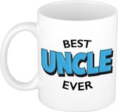 Best uncle ever cadeau mok / beker wit met blauwe cartoon letters - 300 ml - keramiek - verjaardag oom - cadeau koffiemok / theebeker