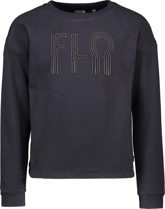 Donkerblauwe meisjes trui met 'FLO' in beige pailletten.