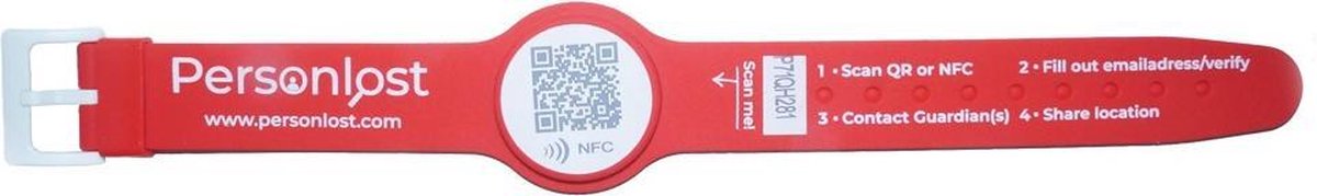 Personlost polsband rood met sluiting - QR/NFC gecodeerde armband voor kinderen - SOS bandje