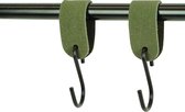 2x Leren S-haak hangers - Handles and more® | SUEDE OLIVE - maat S (Leren S-haken - S haken - handdoekkaakje - kapstokhaak - ophanghaken)