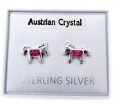 Zilveren kinder oorknopjes paardje met roze kristal